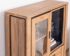 Vaisselier contemporain acacia massif relief noir 3 portes et niche avec étagères verres 