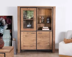 Vaisselier contemporain acacia massif relief noir 3 portes et niche avec étagères verres 