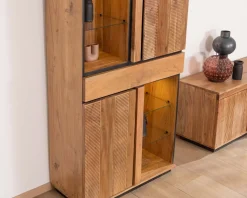 Vaisselier contemporain acacia et liserés noirs "Lumino" niches avec étagères vitrée et éclairage LED