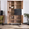 Vaisselier contemporain en acacia avec portes vitrées et tiroirs noirs "Bennett"