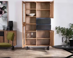 Vaisselier contemporain en acacia avec portes vitrées et tiroirs noirs "Bennett"