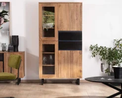 Vaisselier contemporain en acacia avec portes vitrées et tiroirs noirs "Bennett"