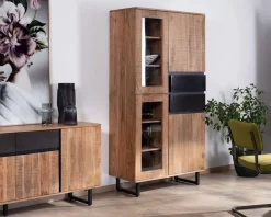 Vaisselier contemporain en acacia avec portes vitrées et tiroirs noirs 