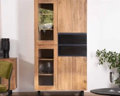 Vaisselier contemporain en acacia avec portes vitrées et tiroirs noirs 
