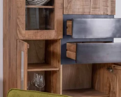 Vaisselier contemporain en acacia avec portes vitrées et tiroirs noirs 