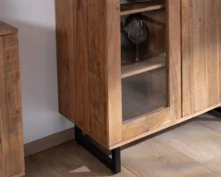 Vaisselier contemporain en acacia avec portes vitrées et tiroirs noirs 