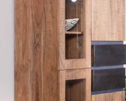 Vaisselier contemporain en acacia avec portes vitrées et tiroirs noirs 