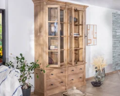Vaisselier en manguier massif 170 cm avec portes vitrées et tiroirs 