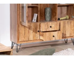 Vaisselier rétro en acacia et pieds métal "Wendy" avec façades gaufrées et portes vitrées